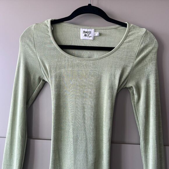 Princess Polly Ribbed Long Sleeve Open Back Mini Bodycon Dress Green Sz. 4 - Picture 5 of 14